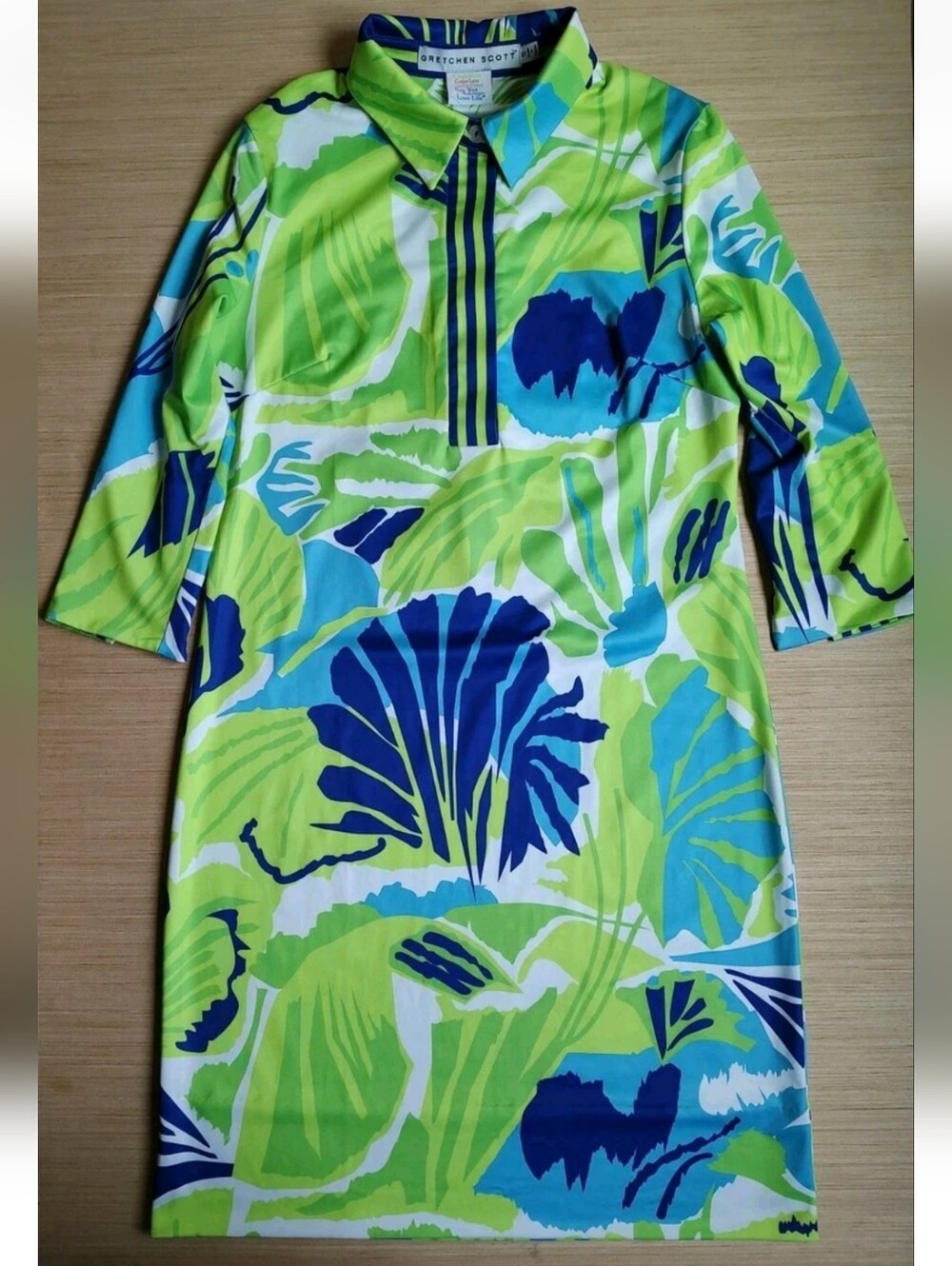 Gretchen Scott Everywhere Frond Frenzy Dress Blue Green Buttons Knee Striped S